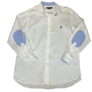 Cremeiux Collection 100% Linen White Shirt with Light Blue Elbow Patches